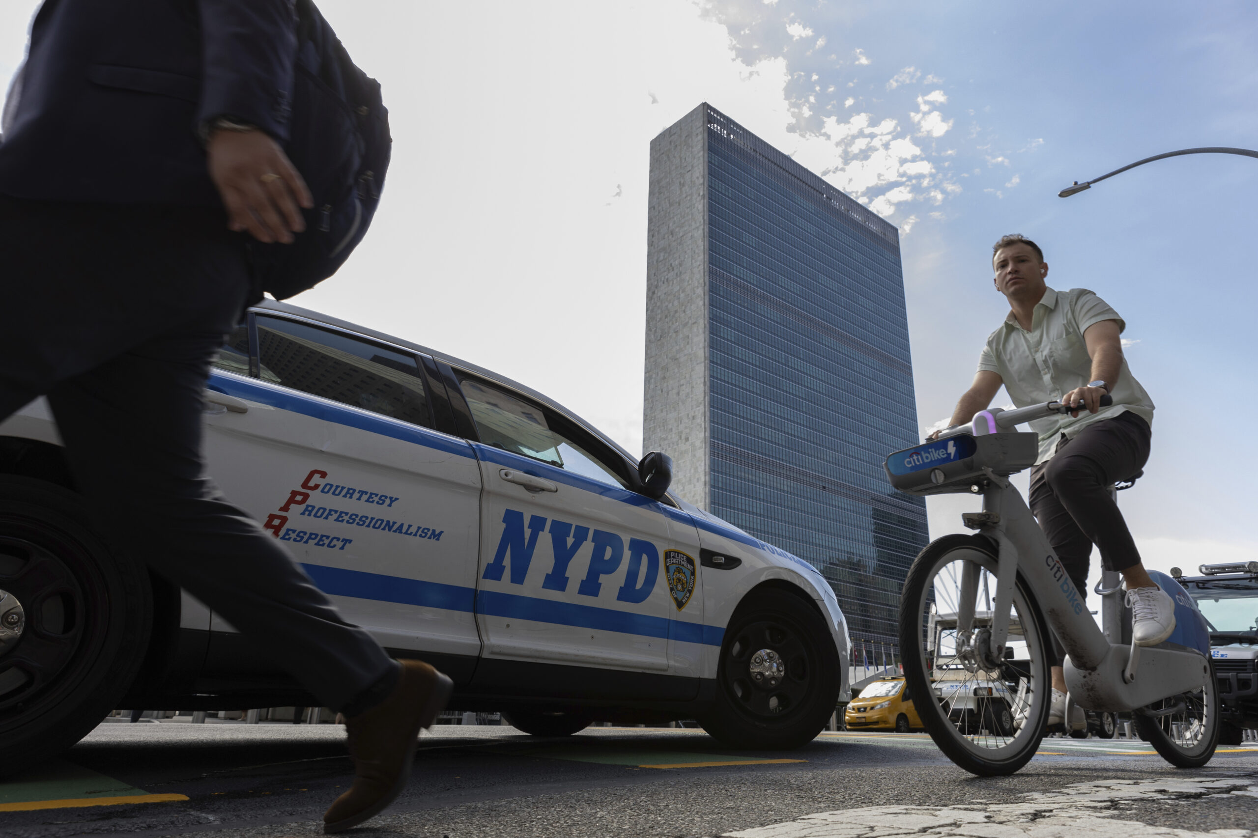 A NYPD patrol car parks across the street from the United Nations Headquarters, Saturday Sept. 21, ...