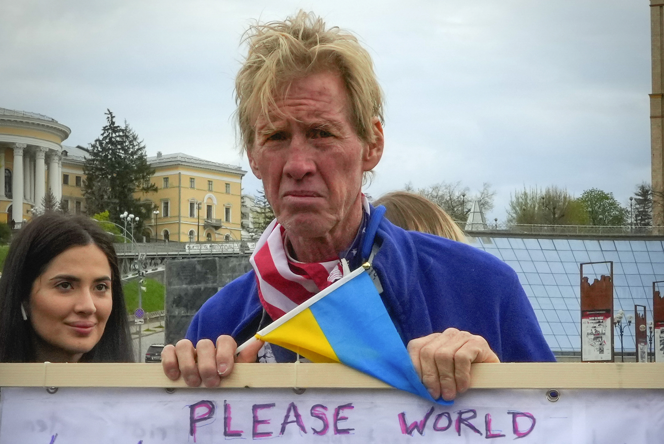 Ryan Wesley Routh takes part in a rally in central Kyiv, Ukraine, Saturday, April 30, 2022. (AP Pho...