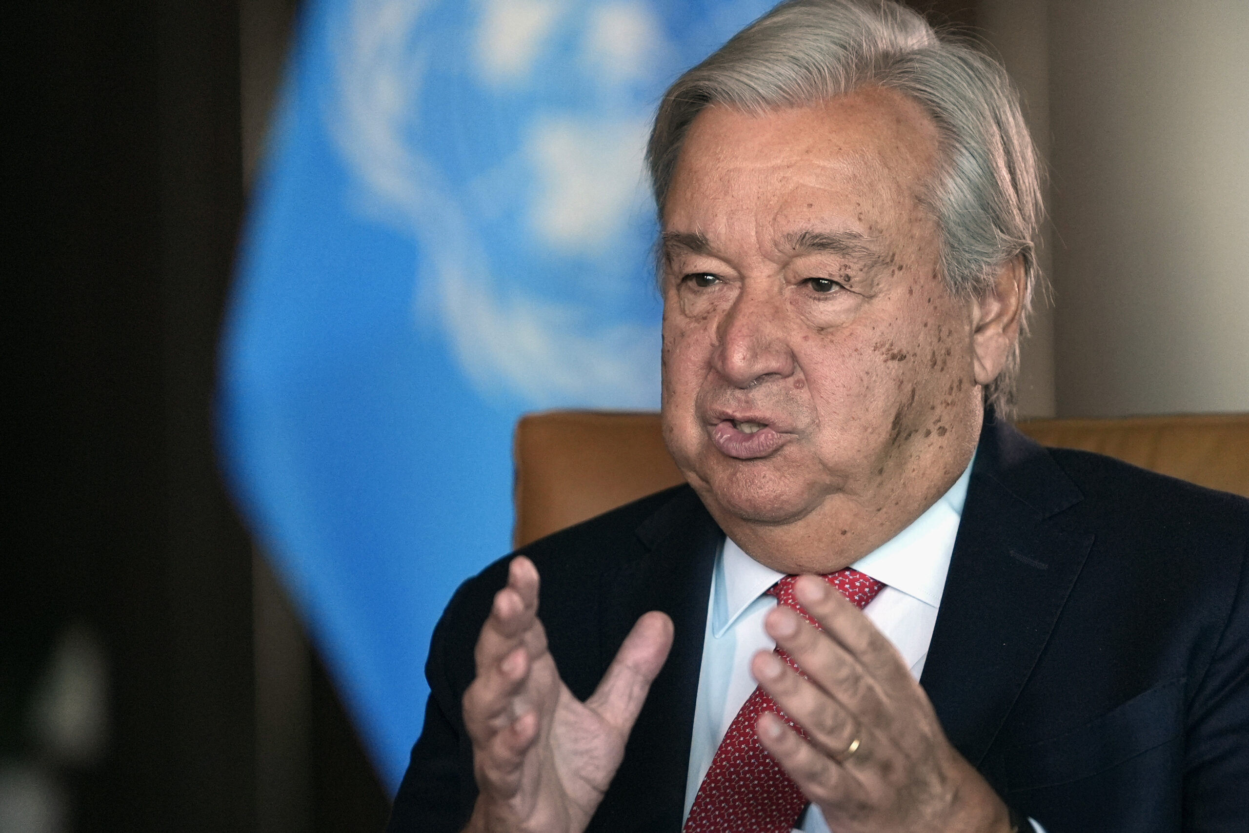 FILE - United Nations Secretary-General Antonio Guterres speaks during an interview at the United N...