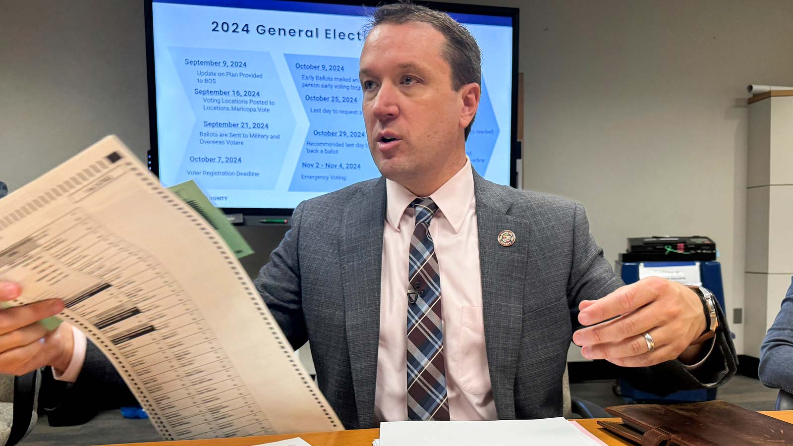 Maricopa County Elections Director Scott Jarrett explains the two-page Arizona ballots for the 2024...