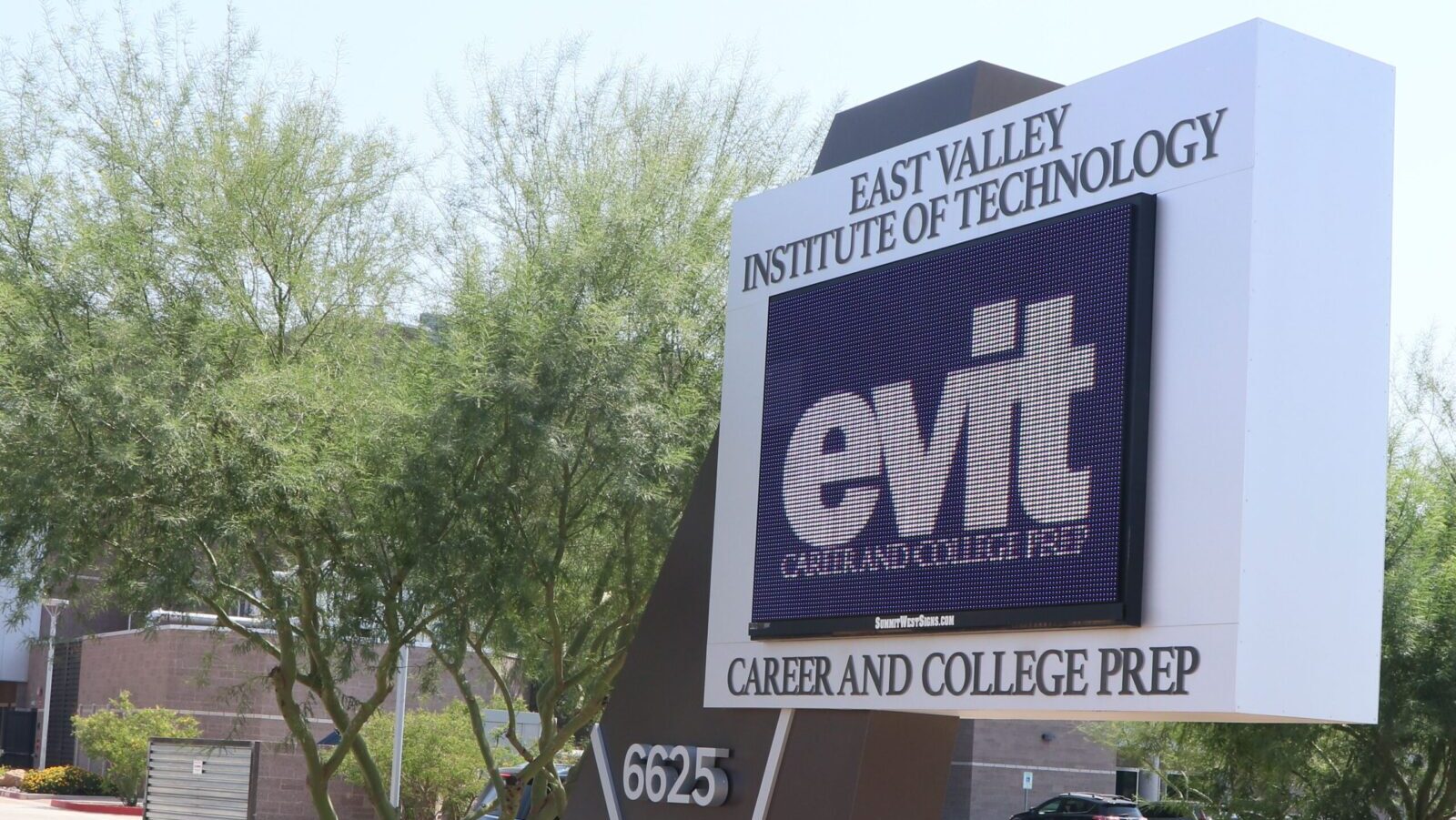 EVIT College and Career sign at front of campus...