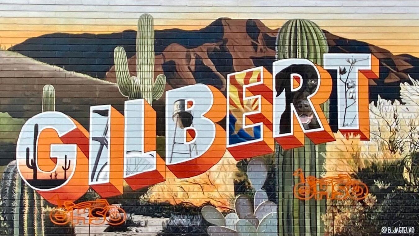 Town of Gilbert mural with cacti, flowers, and mountains on display...