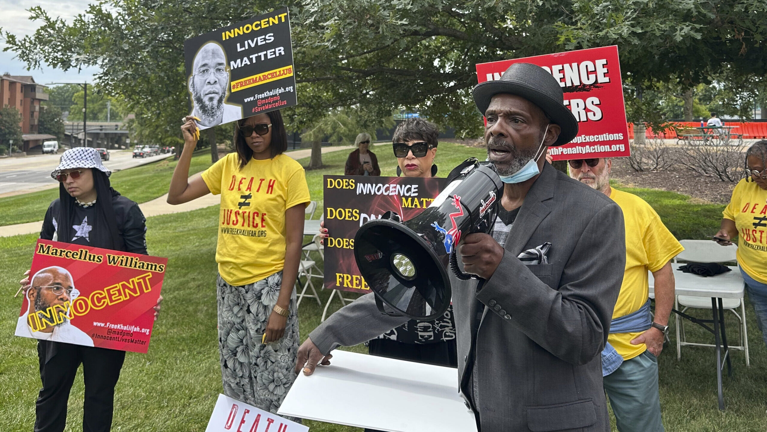 Joseph Amrine, who was exonerated two decades ago after spending years on death row, speaks at a ra...