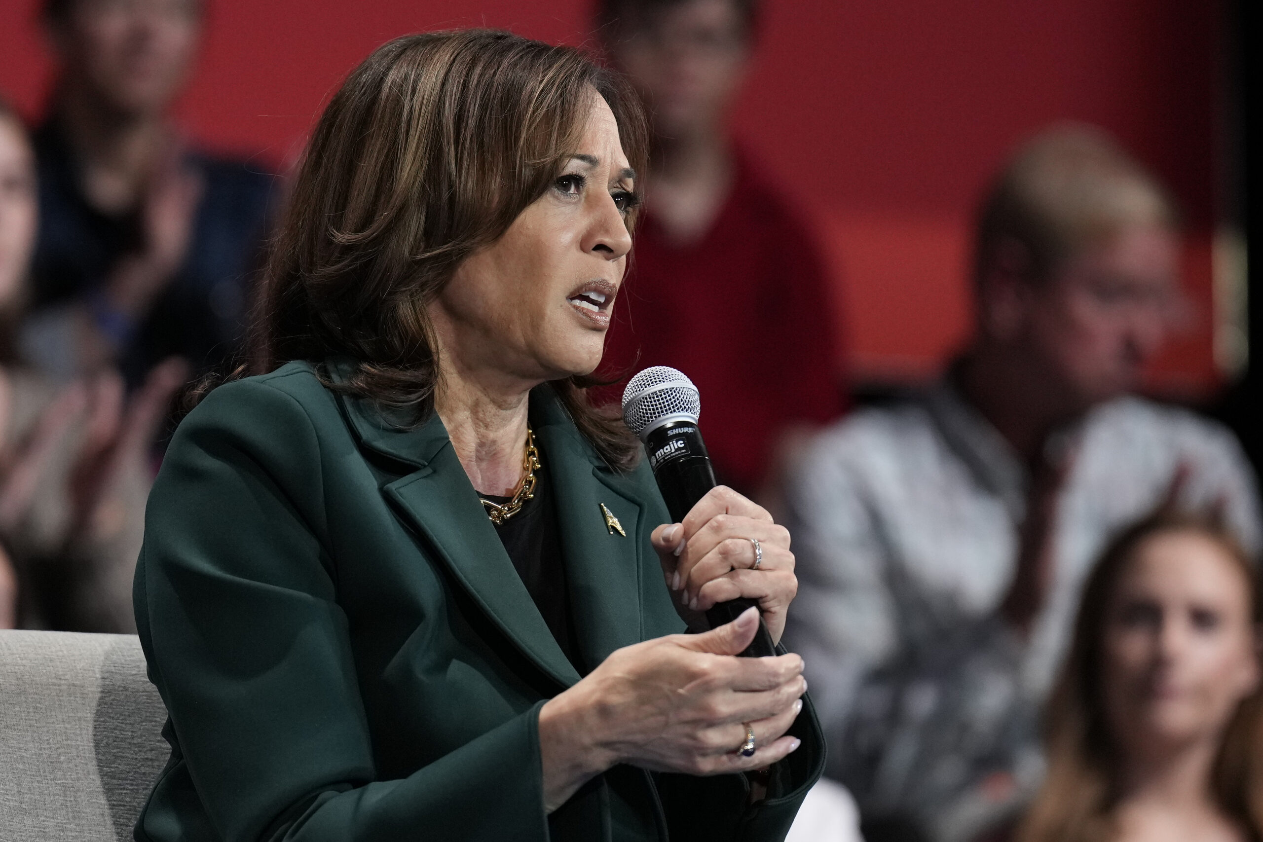 President Kamala Harris speaks during a town hall at Sharon Lynne Wilson Center for the Arts in Bro...