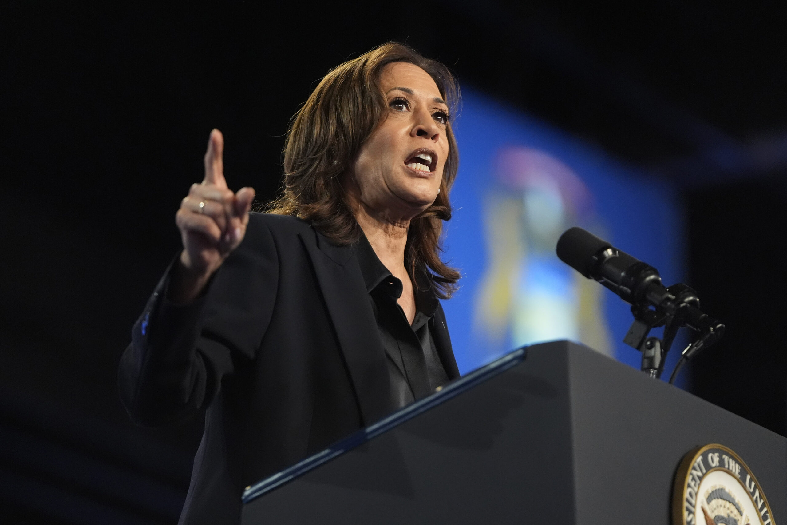 Democratic presidential nominee Vice President Kamala Harris speaks during a rally at the Dort Fina...