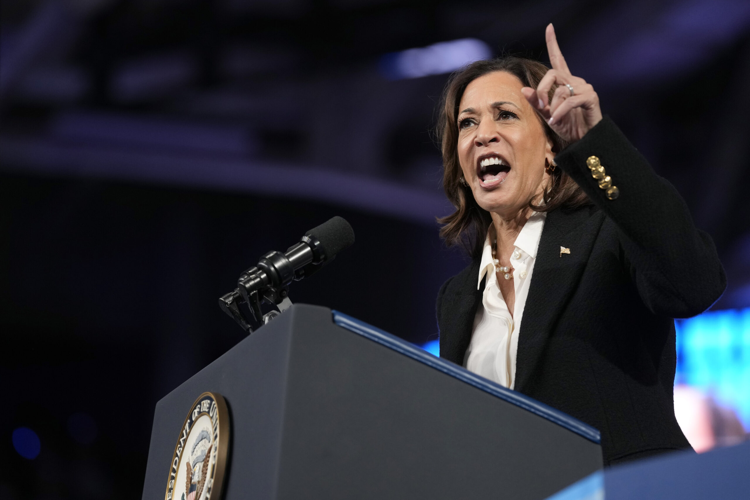 Democratic presidential nominee Vice President Kamala Harris speaks at a campaign rally at East Car...