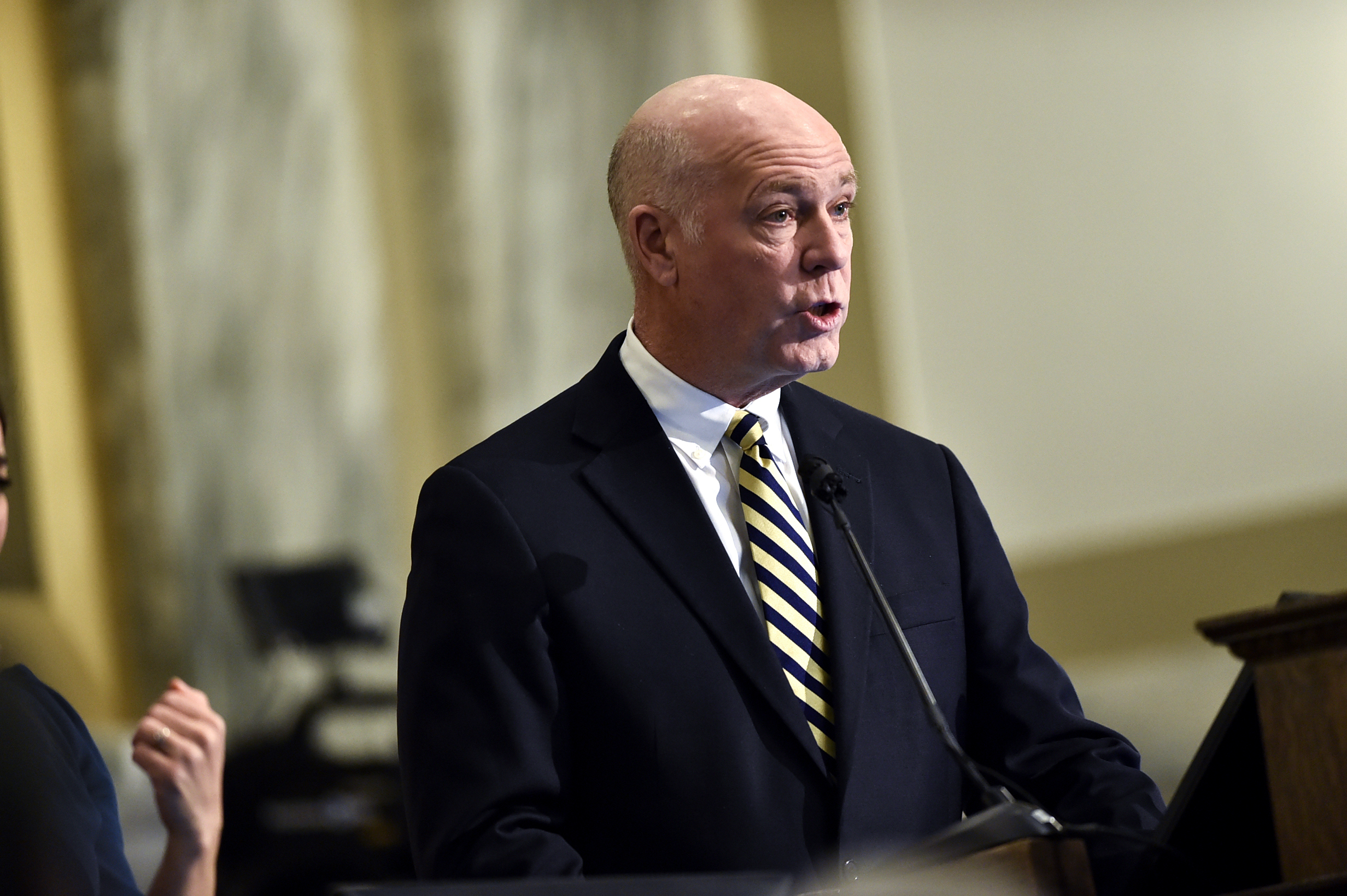 FILE - Montana Gov. Greg Gianforte delivers his State of the State address to a joint session of th...