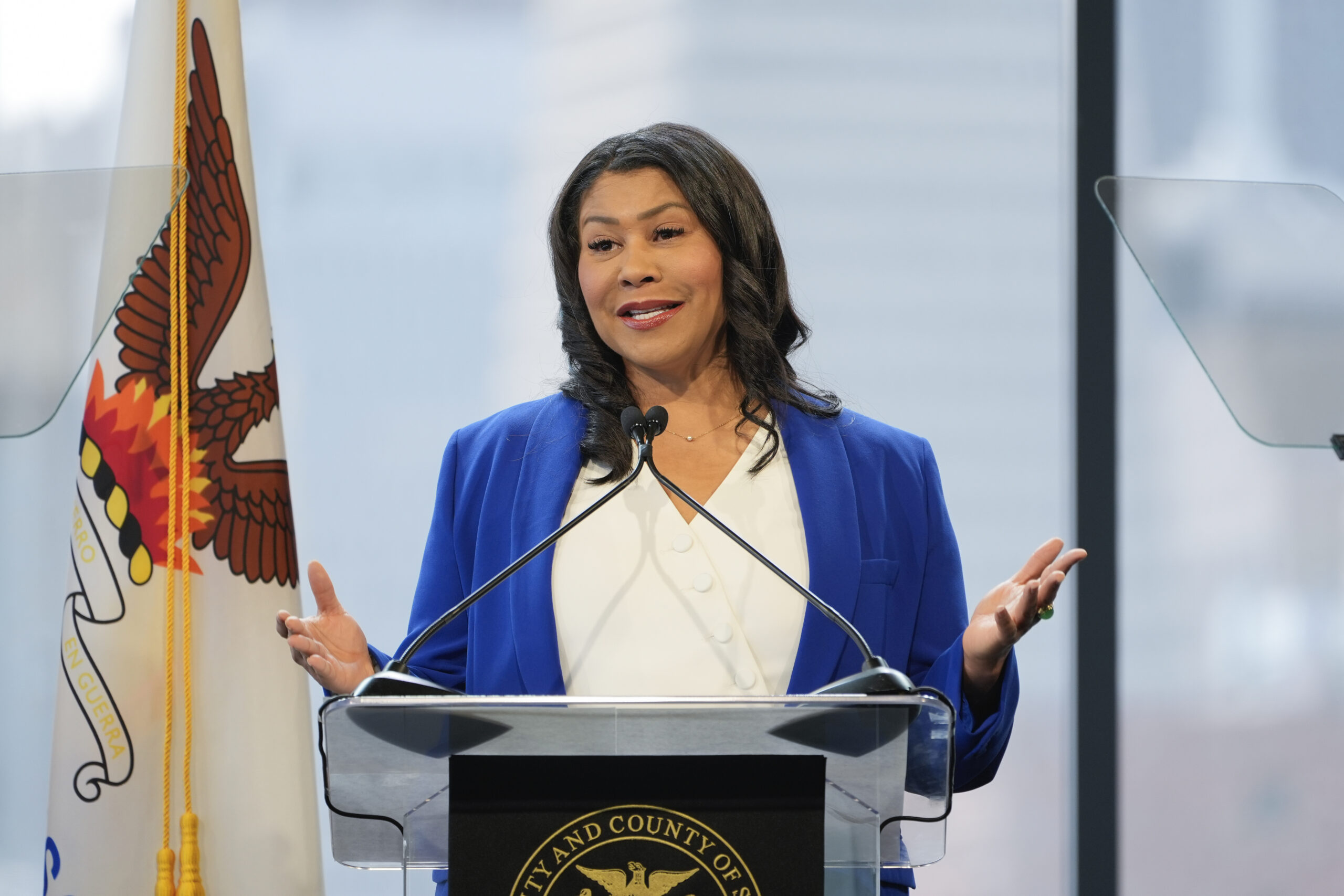 FILE - San Francisco Mayor London Breed delivers her State of the City address at the Pier 27 cruis...