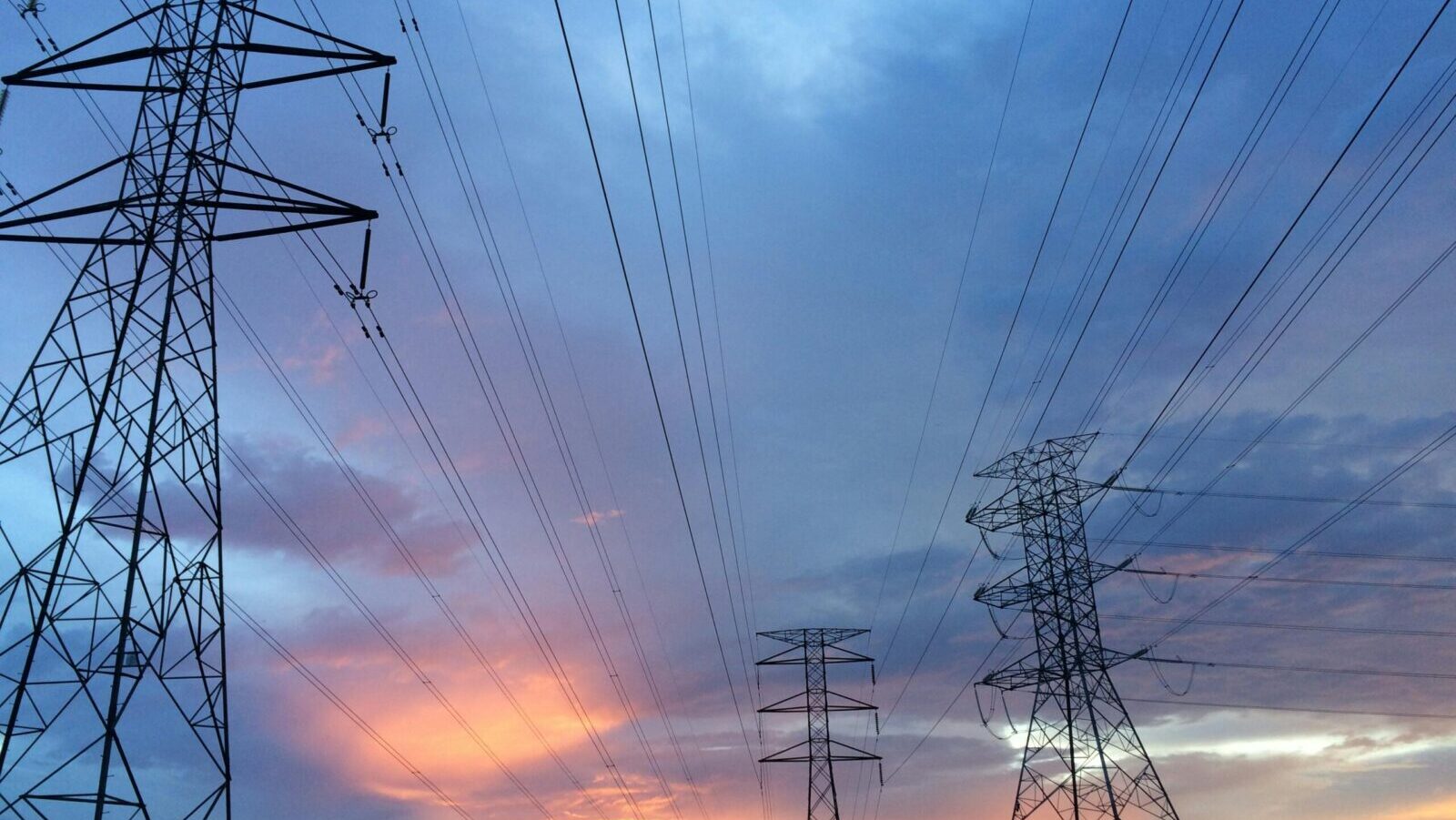 Power lines stretch over land and trees at sunset...