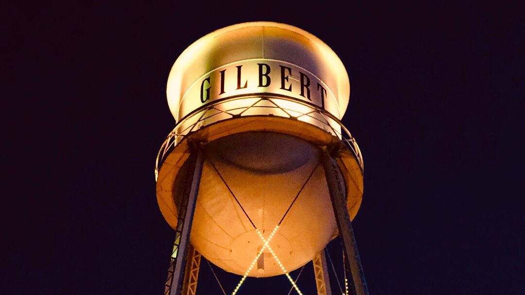 Town of Gilbert water tower lit up at night...