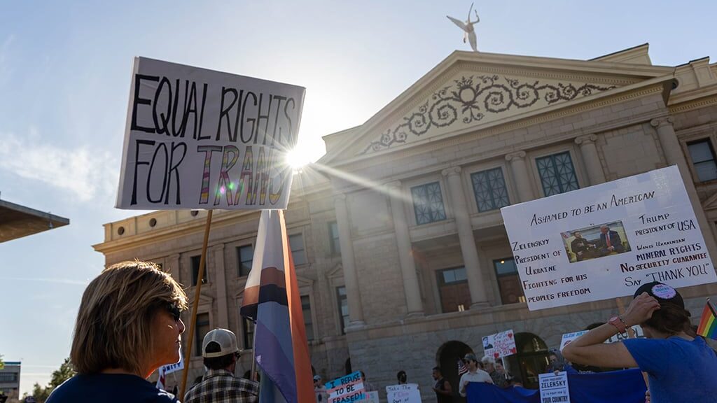 Protesters gather at the Arizona Capitol on March 4, 2025, in opposition of recent executive orders...