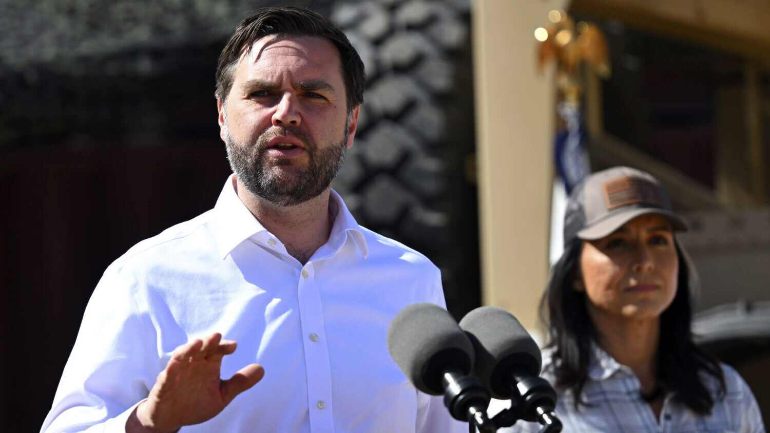 Vice President JD Vance speaks to reporters during a visit to the U.S. border with Mexico Wednesday...