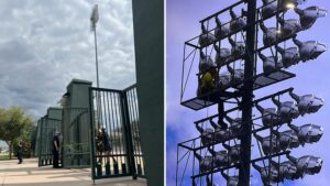Rescue crews help injured worker down from light tower at East Valley baseball stadium