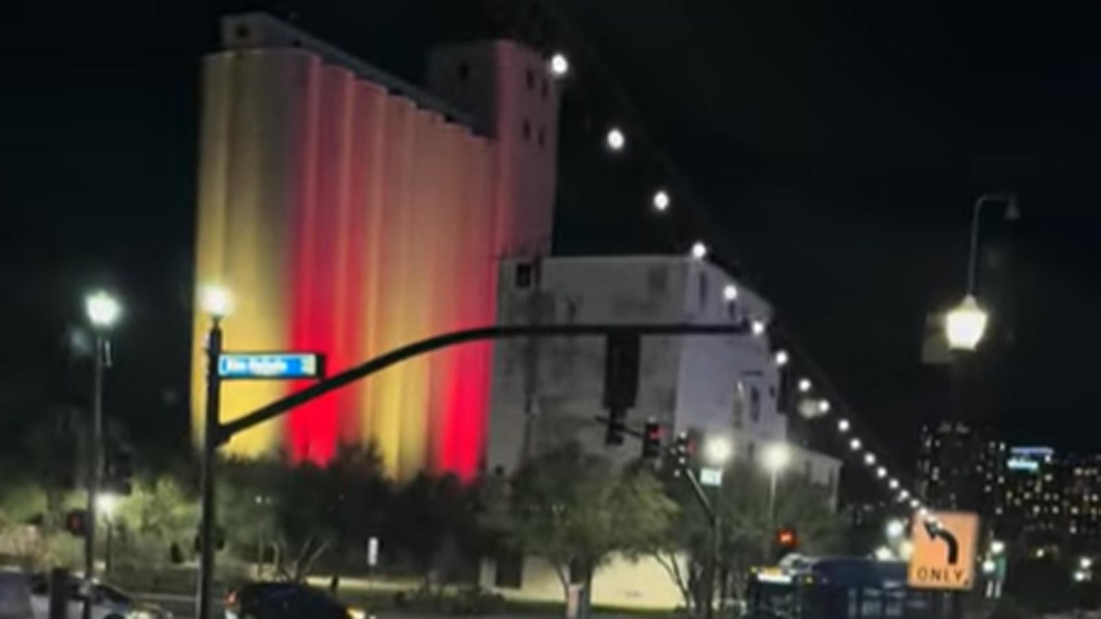 New lighting allows Tempe to illuminate the Hayden Flour Mill silos in various colors for special o...