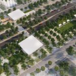 Concept art of an aerial shot of a park on two sides of a street, surrounded by trees // Credit: City of Chandler
