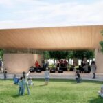 Concept art of an outdoor stage featuring a dozen attendees watching a band underneath a  wooden structure // Credit: City of Chandler
