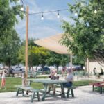 Concept art of a group of park attendees sitting at a green table surrounded by other people, trees, lights and a wooden structure in the back // Credit: City of Chandler