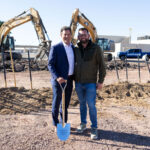 Willmeng CEO James Murphy, left, and ViaWest Group Managing Director Alex Boles pose during the ReDiscover Logistics Park groundbreaking ceremony.