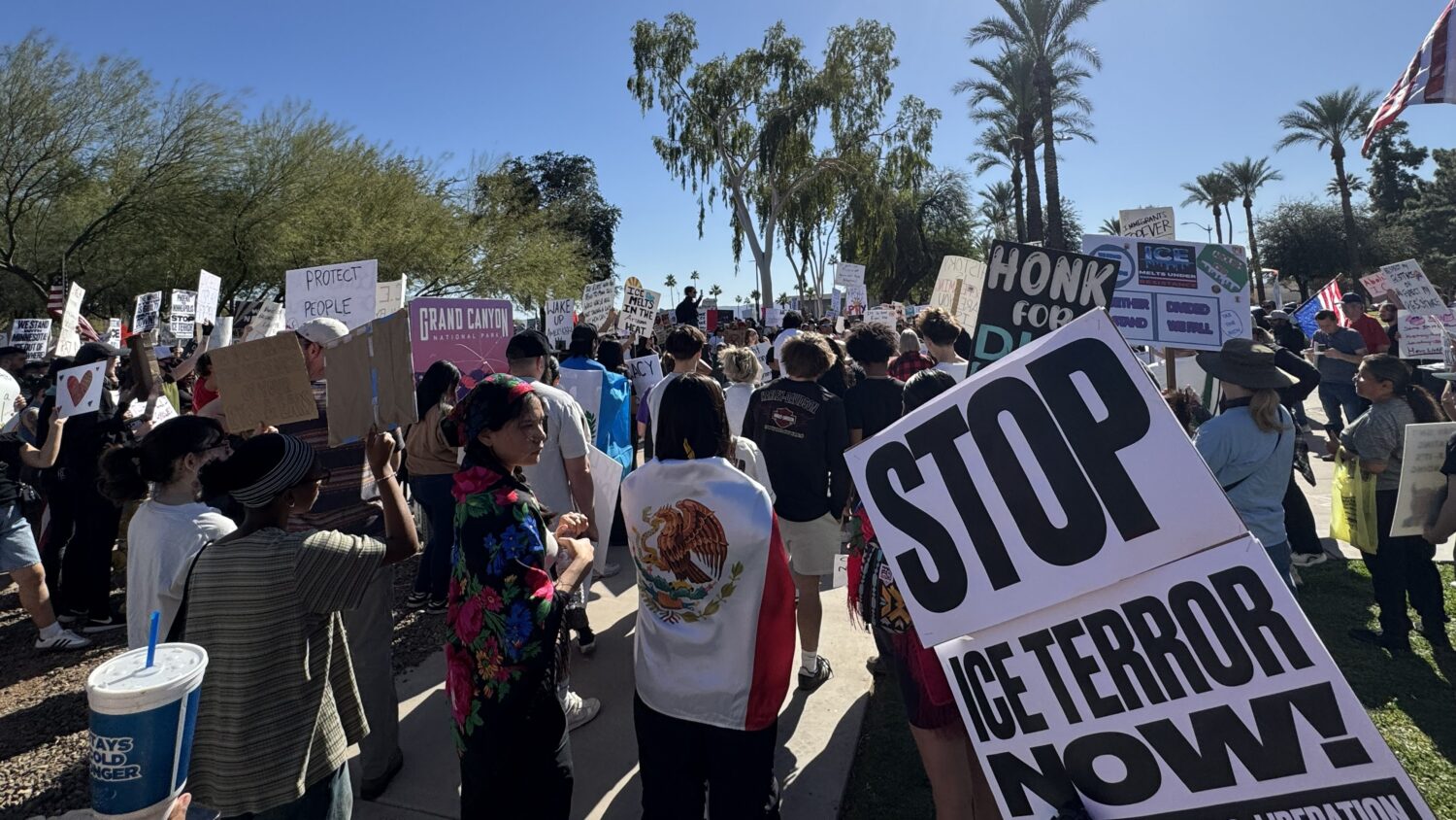 Anti-ICE protesters at the Arizona State Capitol...
