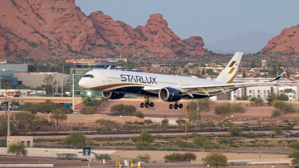 The first STARLUX Airlines flight from Taipei landed at Phoenix Sky Harbor International Airport ea...