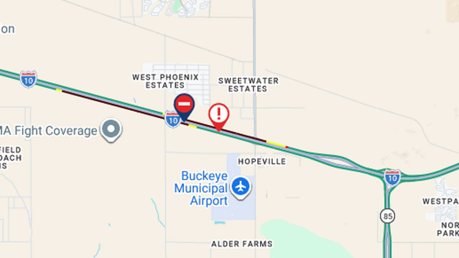 Part of I-10 is closed after a crash in Buckeye on Friday, Feb. 20, authorities said. (ADOT map)...