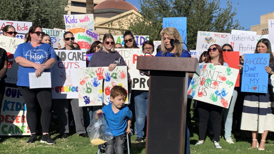 Arizona families with children on the autism spectrum rallied at the State Capitol Thursday to prot...