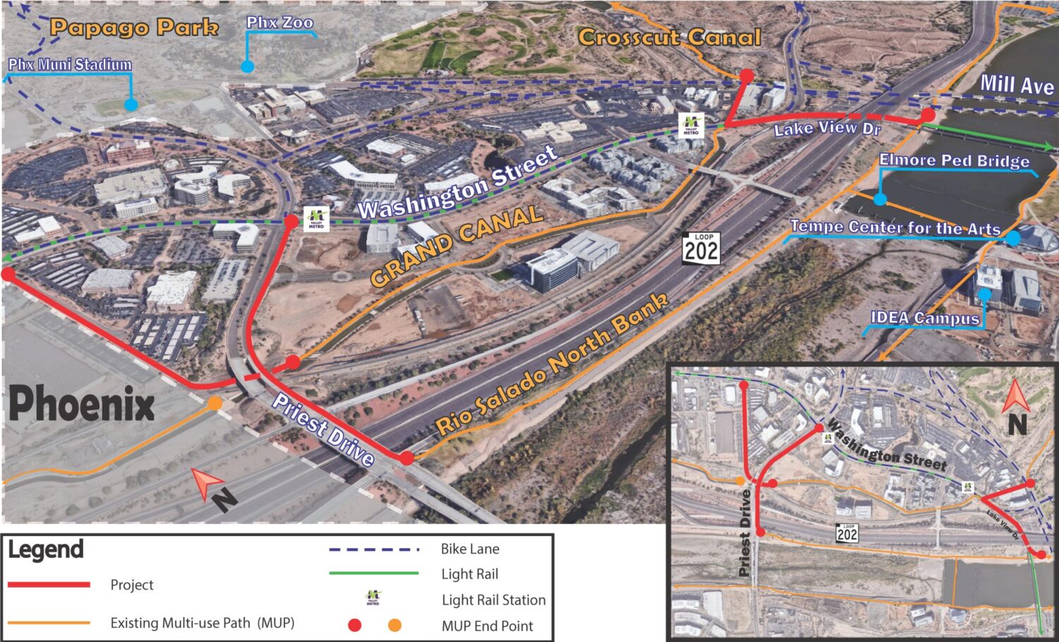 A map showing areas where the Tempe Grand Canal will be upgraded. Construction runs now through Aug...