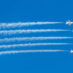 The U.S. Air Force F-16 Fighting Falcons, assigned to the U.S. Air Force Demonstration team, the "Thunderbirds," practice the day prior to the Luke Days 2024 airshow on March 22, 2024, at Luke Air Force Base, Arizona. The pilots perform approximately 30 maneuvers in a demonstration, and the entire show, including ground and air, runs about an hour and fifteen minutes.