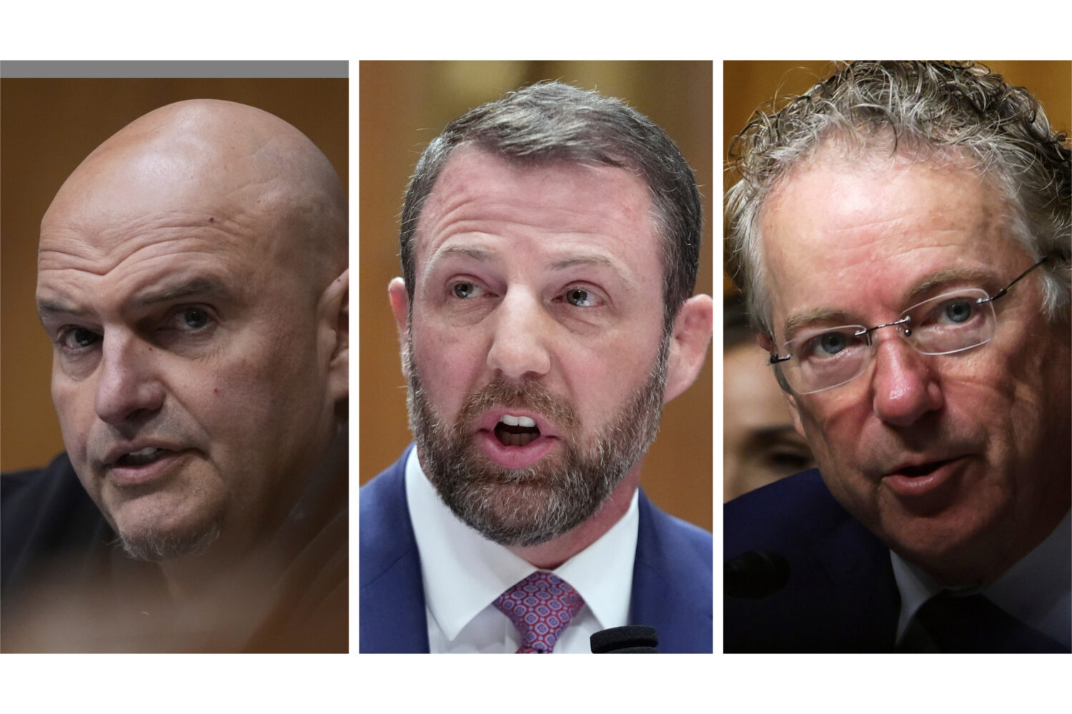 FILE - This photo combination shows, from left, Sen. John Fetterman, D-Pa., in Washington, March 18...