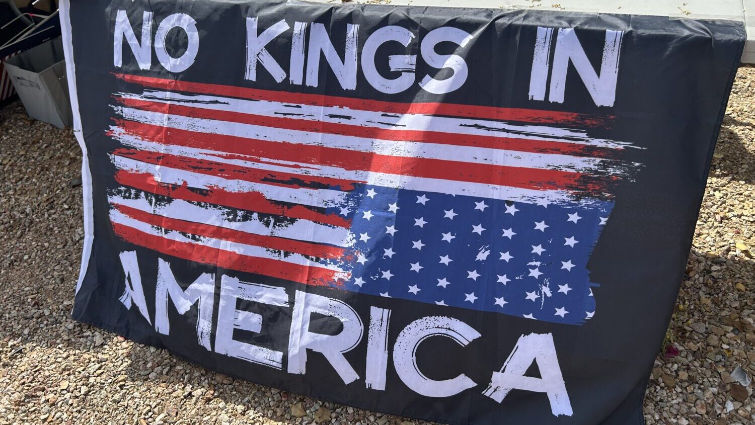 "No Kings" protest sign displayed in Surprise on Saturday morning. (Martha Maurer/KTAR News)...