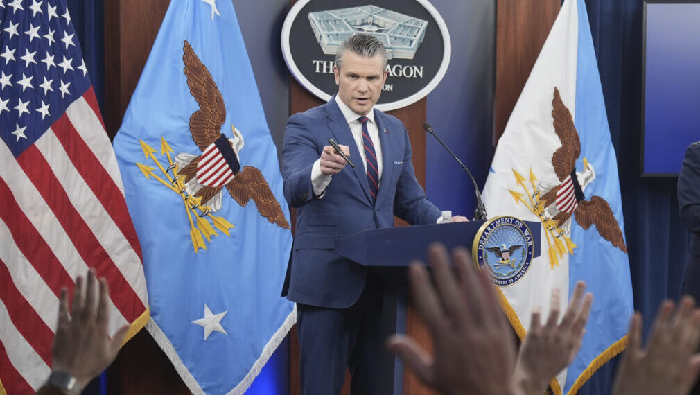 Defense Secretary Pete Hegseth and Chairman of the Joint Chiefs of Staff Gen. Dan Caine take quest...