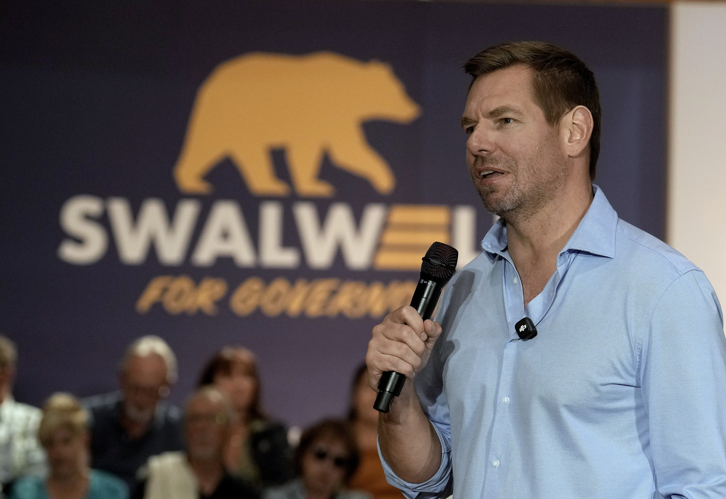 California gubernatorial candidate, Rep. Eric Swalwell, D-Calif., appears at a town hall meeting in...