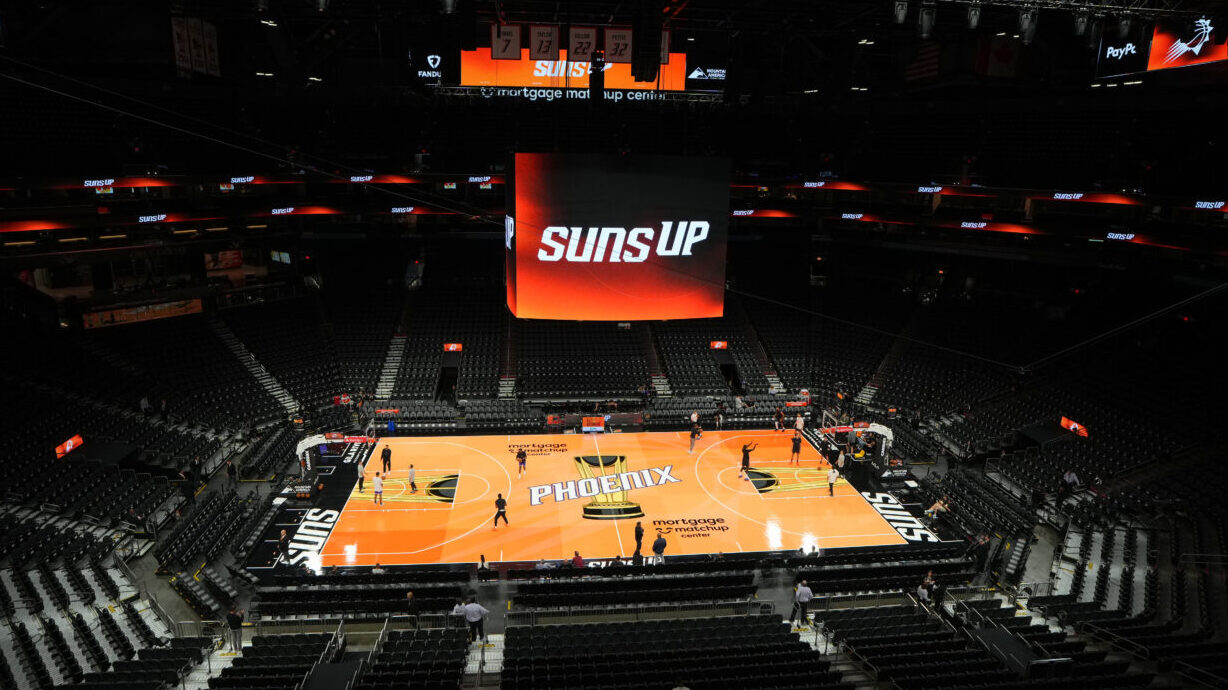 A general view of the NBA Cup court prior to the Emirates NBA Cup game between the Utah Jazz and th...