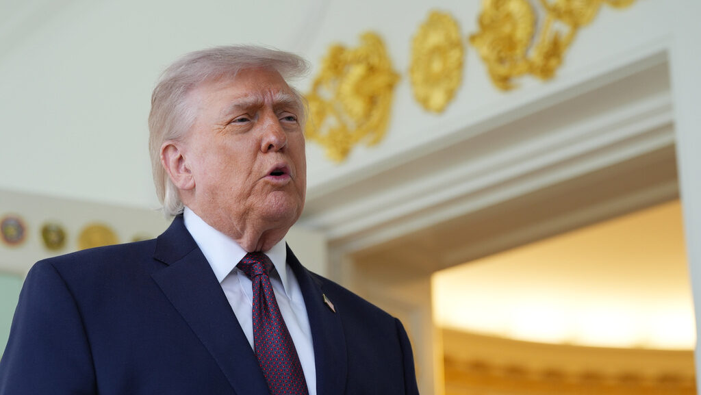 President Donald Trump speaks outside the Oval Office of the White House, Monday, April 13, 2026, i...