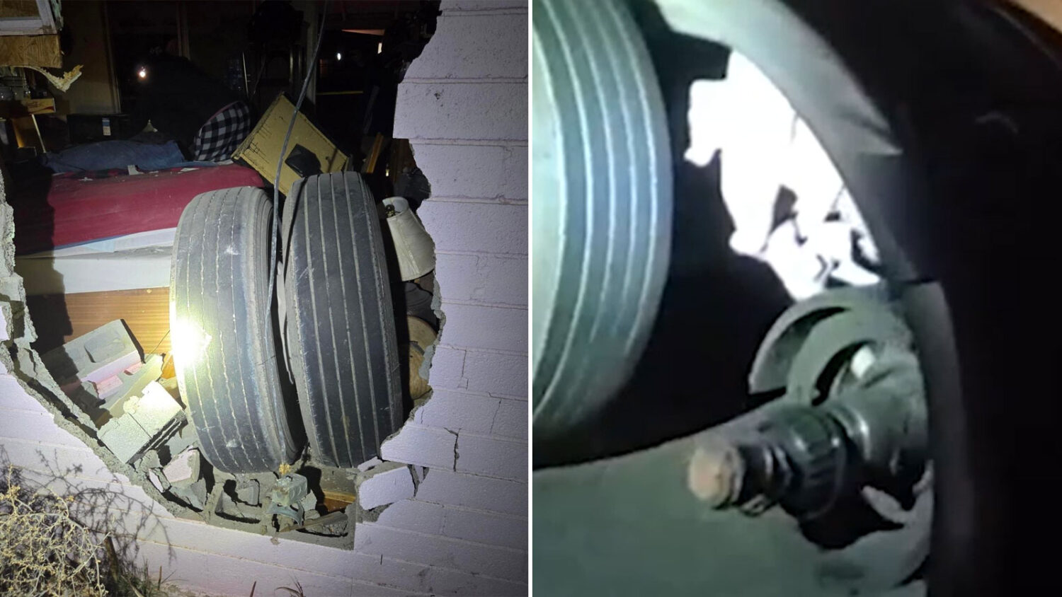An Arizona man avoided injury when a set of large wheels from a cement truck smashed through the wa...
