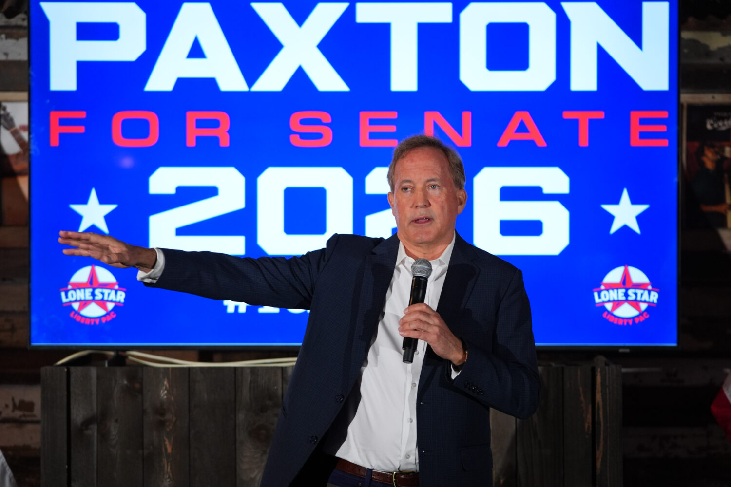 Texas Attorney General Ken Paxton, a Republican candidate for the U.S. Senate, speaks to supporters...