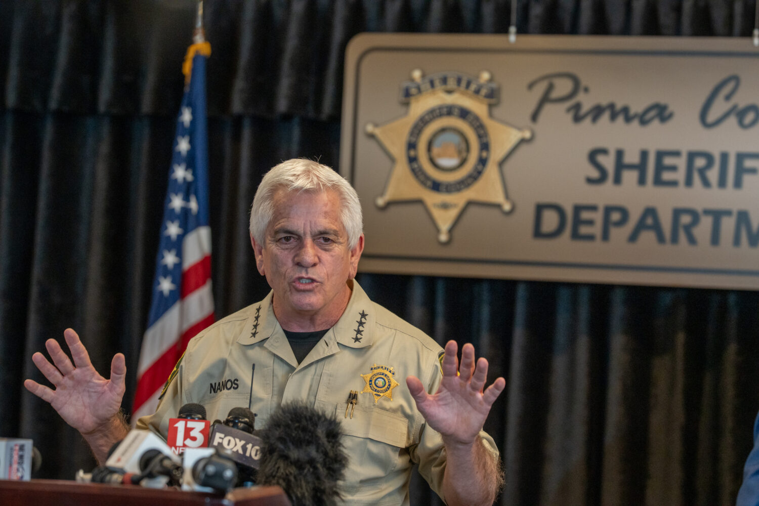 CATALINA, ARIZONA - FEBRUARY 3: Pima County Sheriff, Chris Nanos, speaks to the media on February 3...