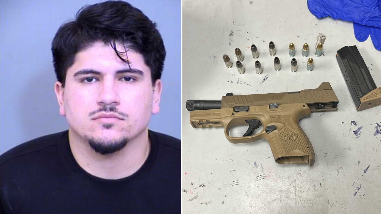 Miguel Leon and the 9mm pistol investigators found in his vehicle. (Photo courtesy Attorney General...