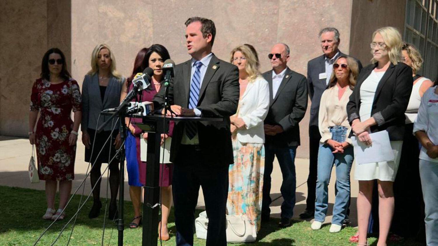 State Sen. Warren Petersen speaks at a news conference Tuesday. (KTAR News photo/Shira Tanzer)...
