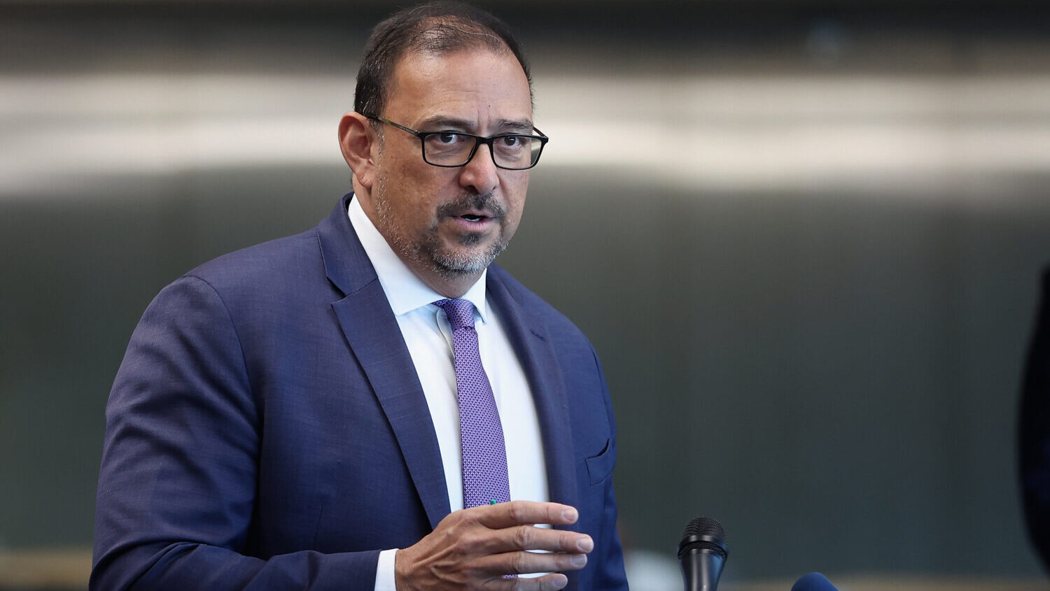 Arizona Secretary Of State Adrian Fontes speaks with the media at the Burton Barr Central Library o...