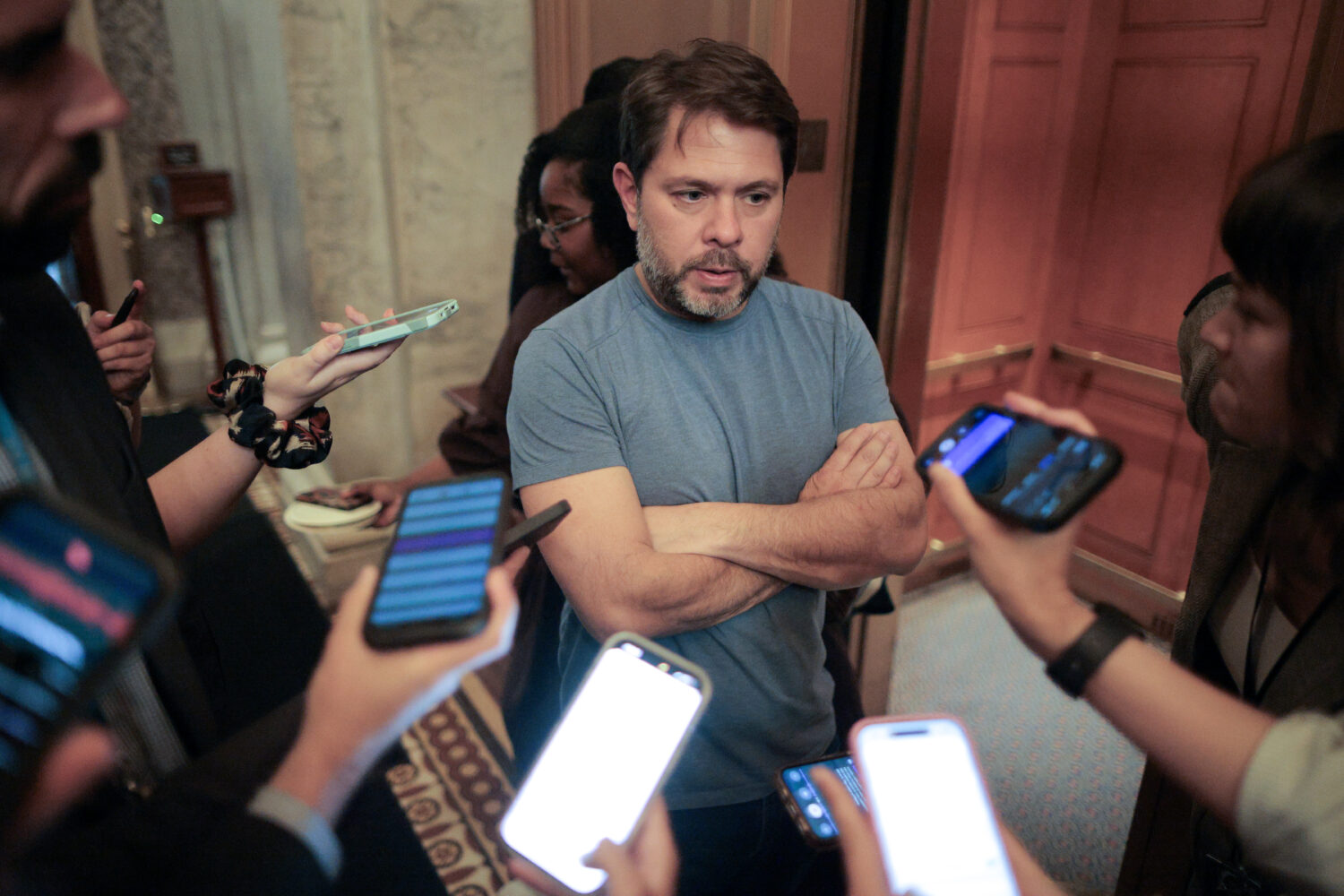 WASHINGTON, DC - JUNE 01: Sen. Ruben Gallego (D-AZ) talks to reporters as he heads for a vote at th...
