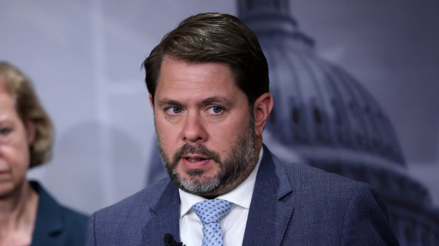 Sen. Ruben Gallego (D-AZ) speaks during a news conference to introduce the Protect our Polls Act at...