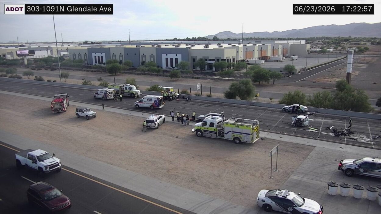 Southbound Loop 303 closed in the West Valley as motorists were making their way home on Tuesday ev...