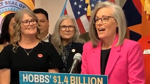 Gov. Katie Hobbs speaks at a news conference Tuesday about election preparedness and the state's bi...