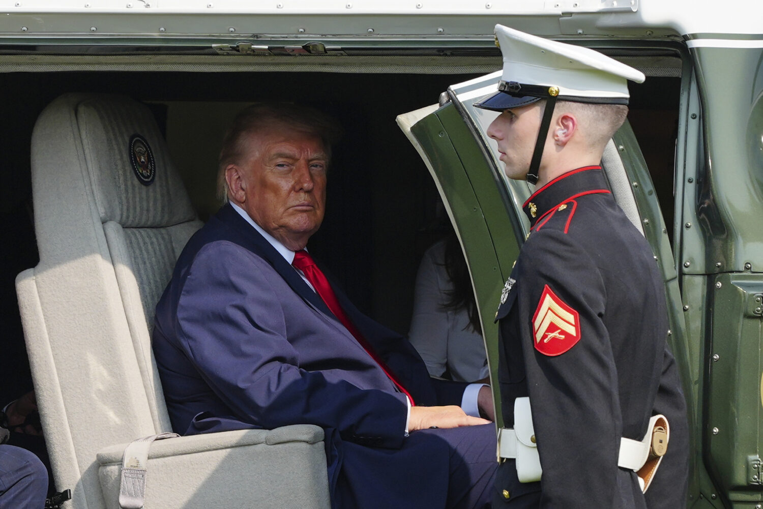 President Donald Trump departs on Marine One after speaking at the United States Army War College i...