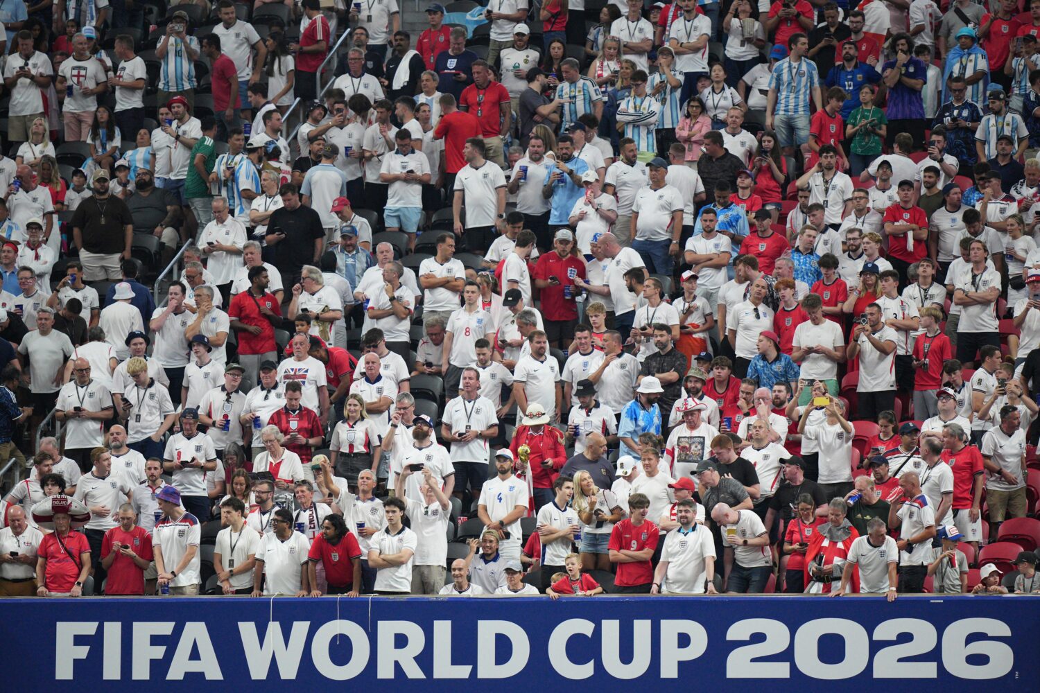 England supporters fill the stands before the start of the World Cup semifinal soccer match between...