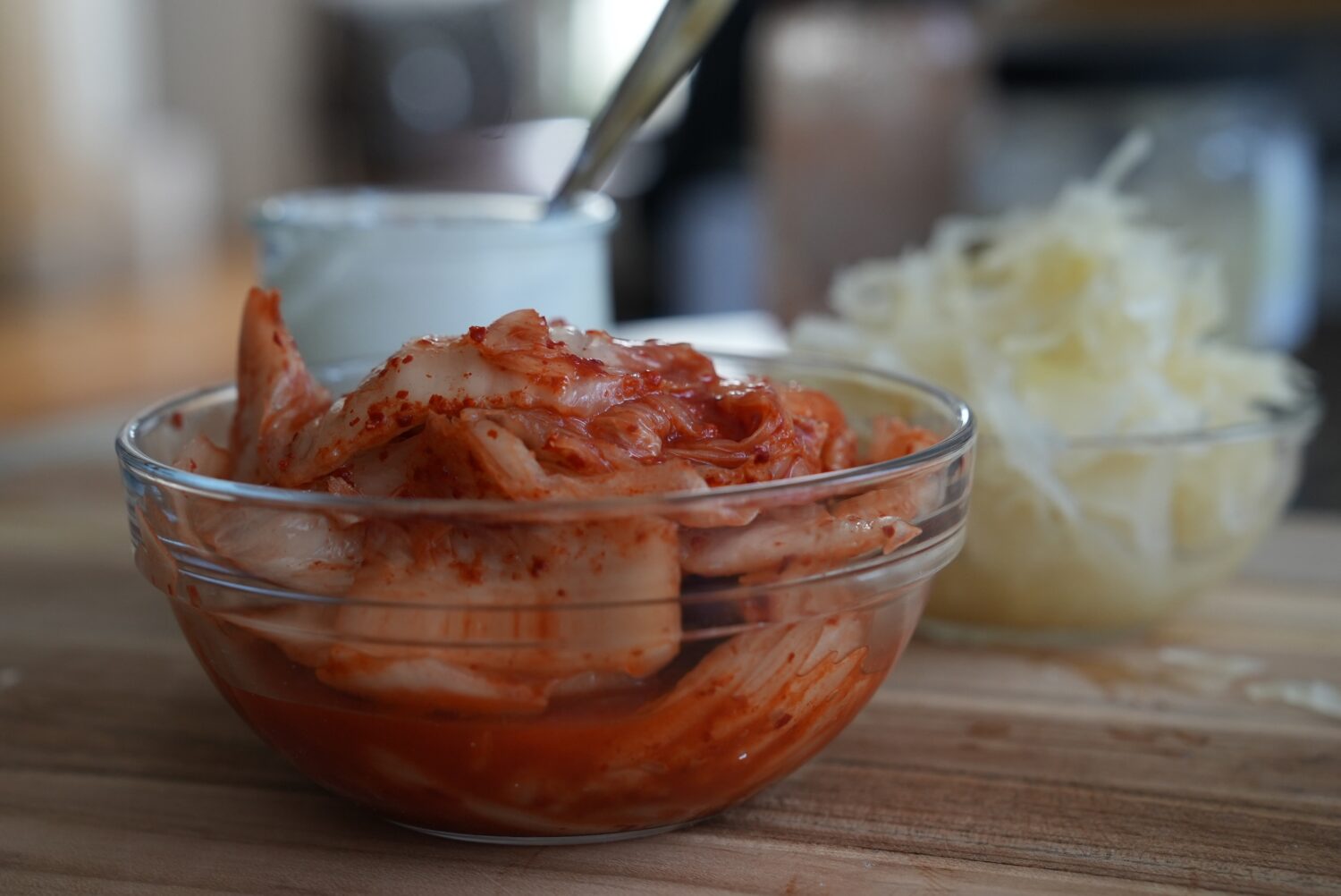 Kimchi, sauerkraut and yogurt are displayed on a kitchen table in New York on July 10, 2026. (AP Ph...
