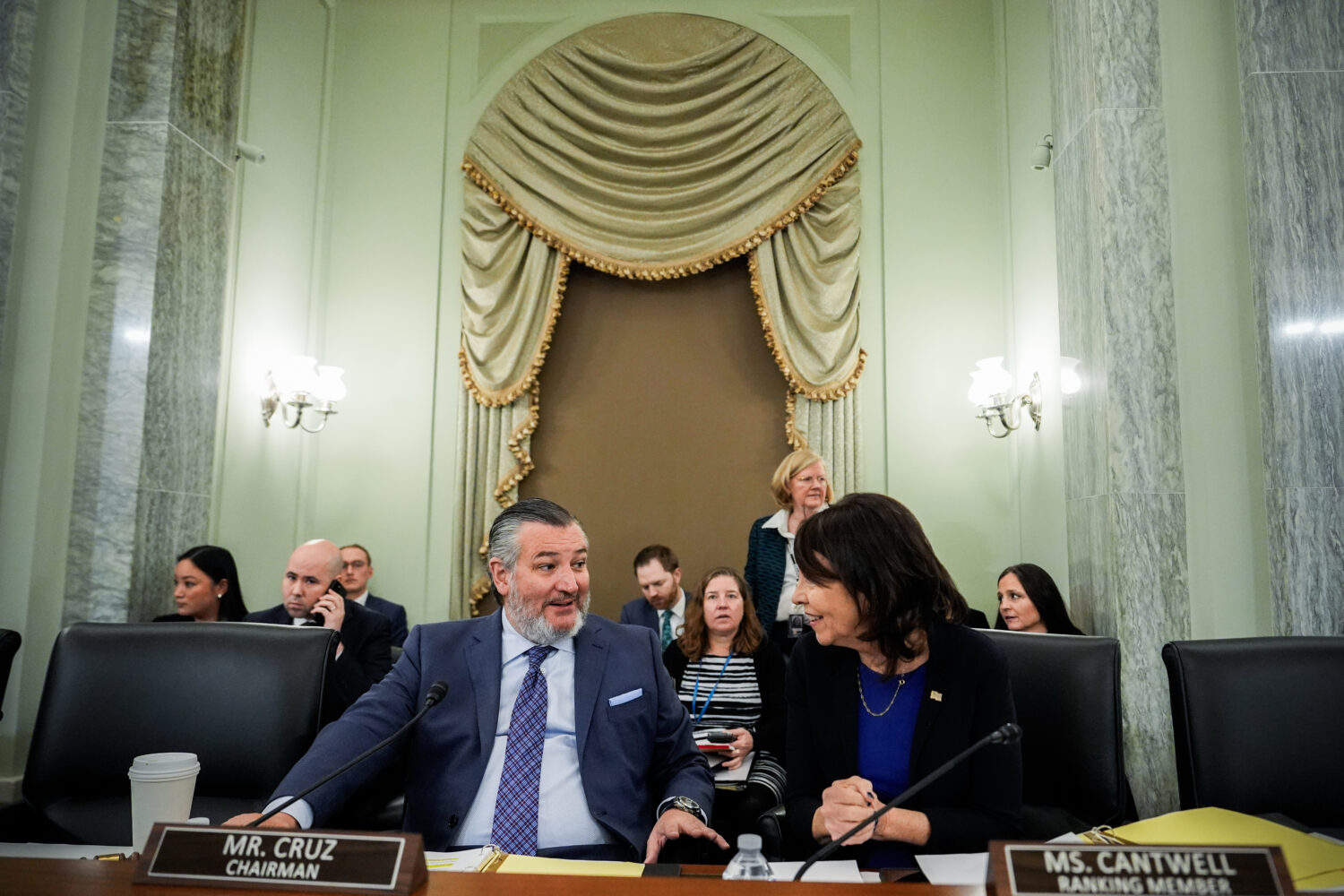 FILE - Sen. Ted Cruz, R-Texas, left, chairman of the Senate Commerce, Science and Transportation Co...