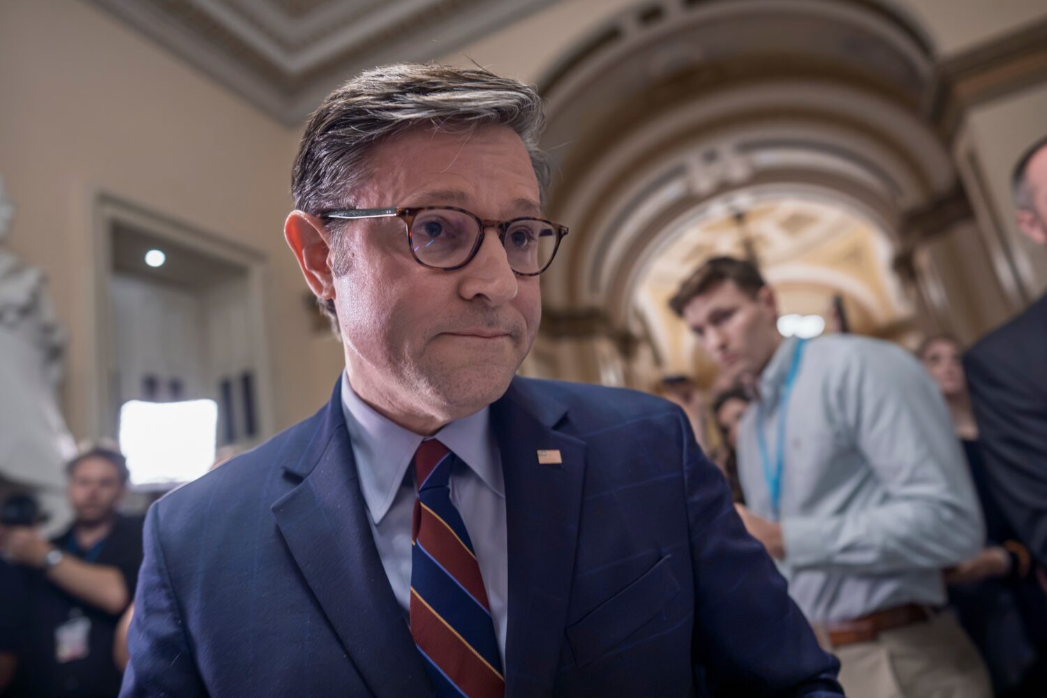 Speaker of the House Mike Johnson, R-La., leaves without taking any questions from reporters after ...