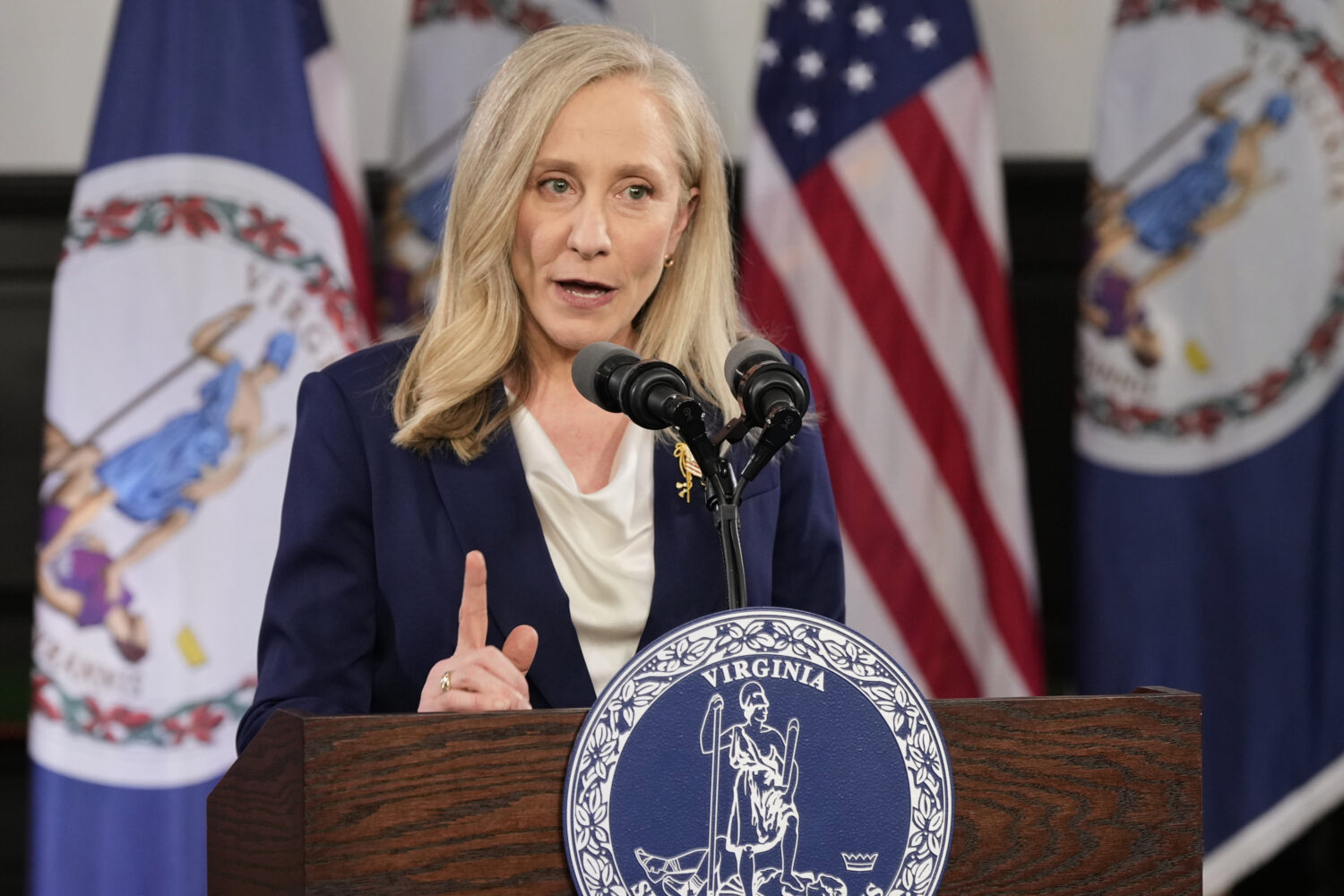 FILE - Virginia Gov. Abigail Spanberger delivers the Democratic response to President Donald Trump'...